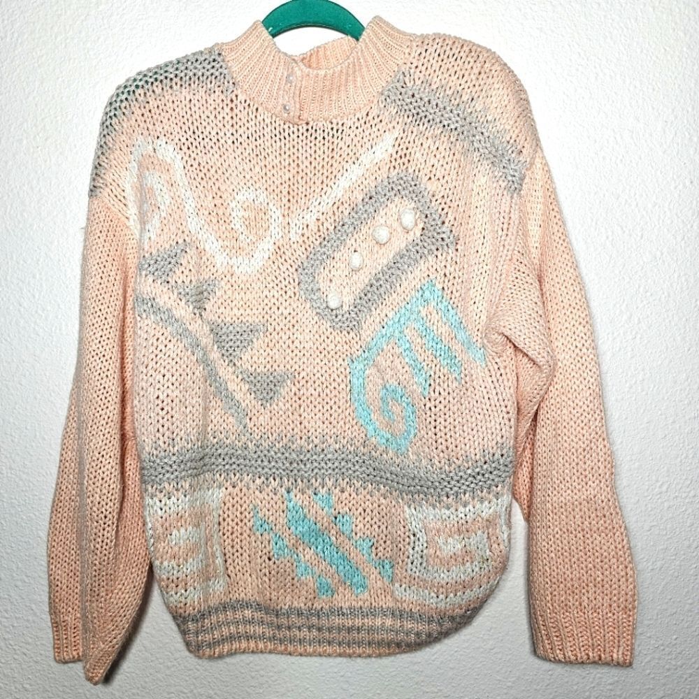 Spice of Life Vintage Knit Crochet pink  blue abstract 80s Cottagecore sweater